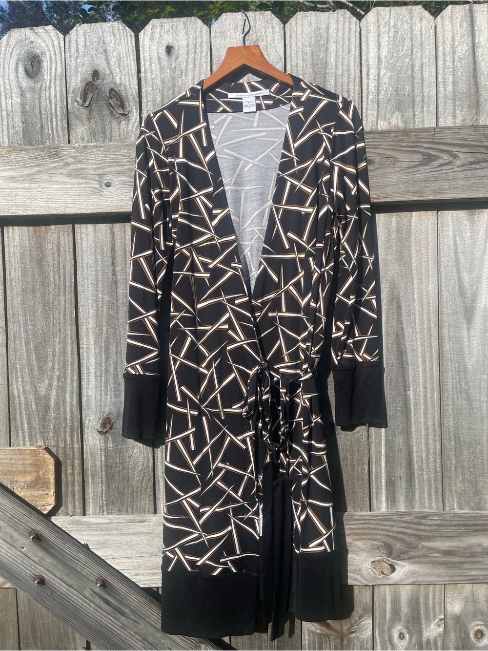 Diane Von Furstenberg Black Geometric Tie-Waist Midi Wrap Dress Sz 8
